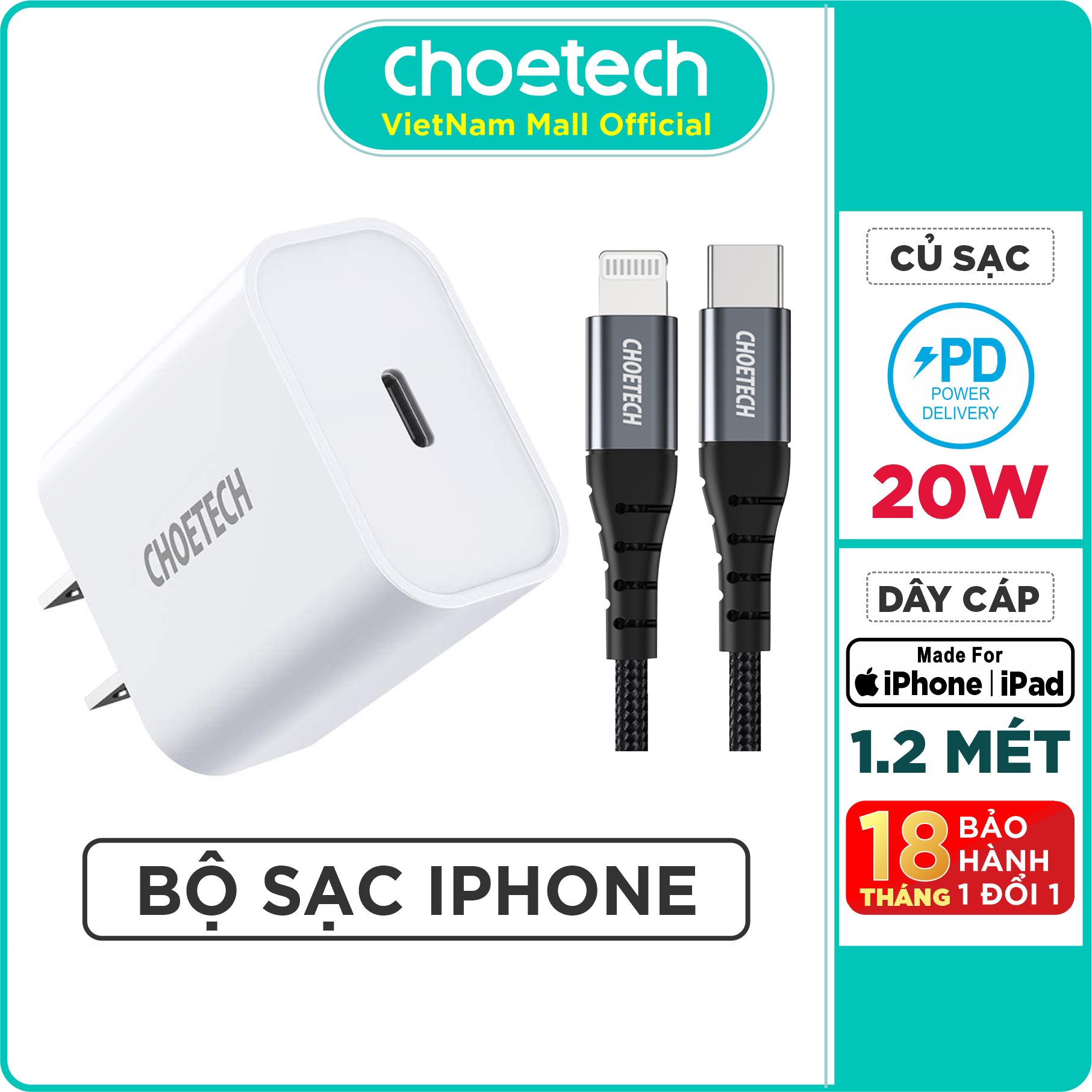 Bộ củ sạc choetech pd 3.0 20w pd5005-w + cáp type c to lightning mfi apple 1.2m ip0039 sạc nhanh iphone - hàng chính hãng