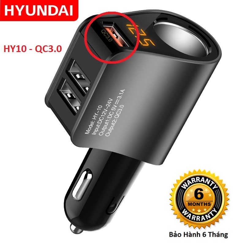 Tẩu sạc ô tô hiệu huyndai HY10 cổng sạc nhanh QC3.0 3 cổng USB 1 dock sạc