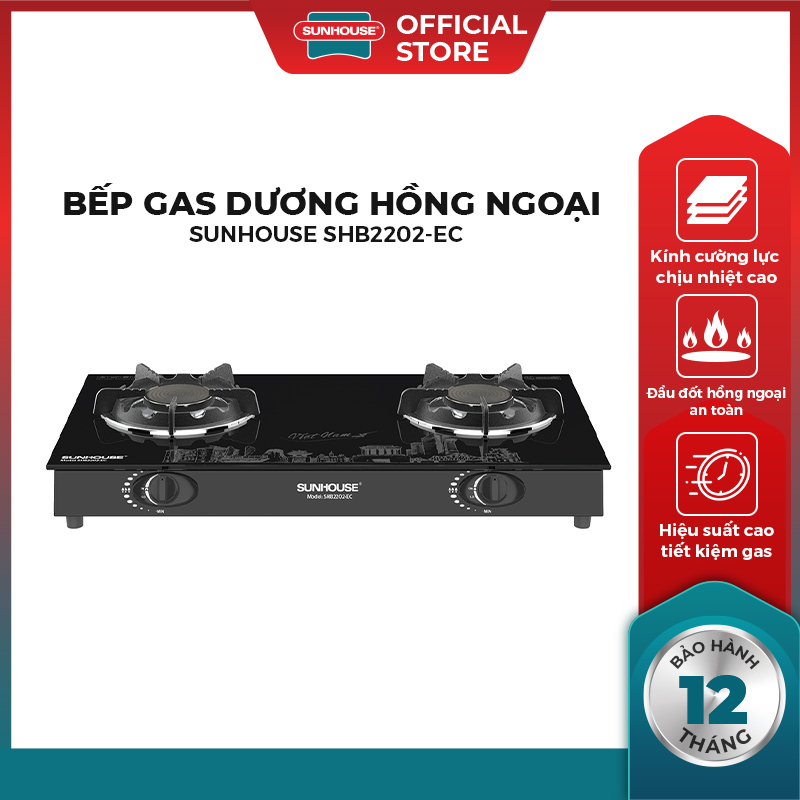 Bếp gas dương hồng ngoại SUNHOUSE SHB2202-EC - Kiềng bếp bằng gang siêu bền, chịu lực chịu nhiệt tốt-Đầu đốt hồng ngoại công nghệ mới tiết kiệm gas-Bảo hành 12 tháng - Hàng Chính Hãng