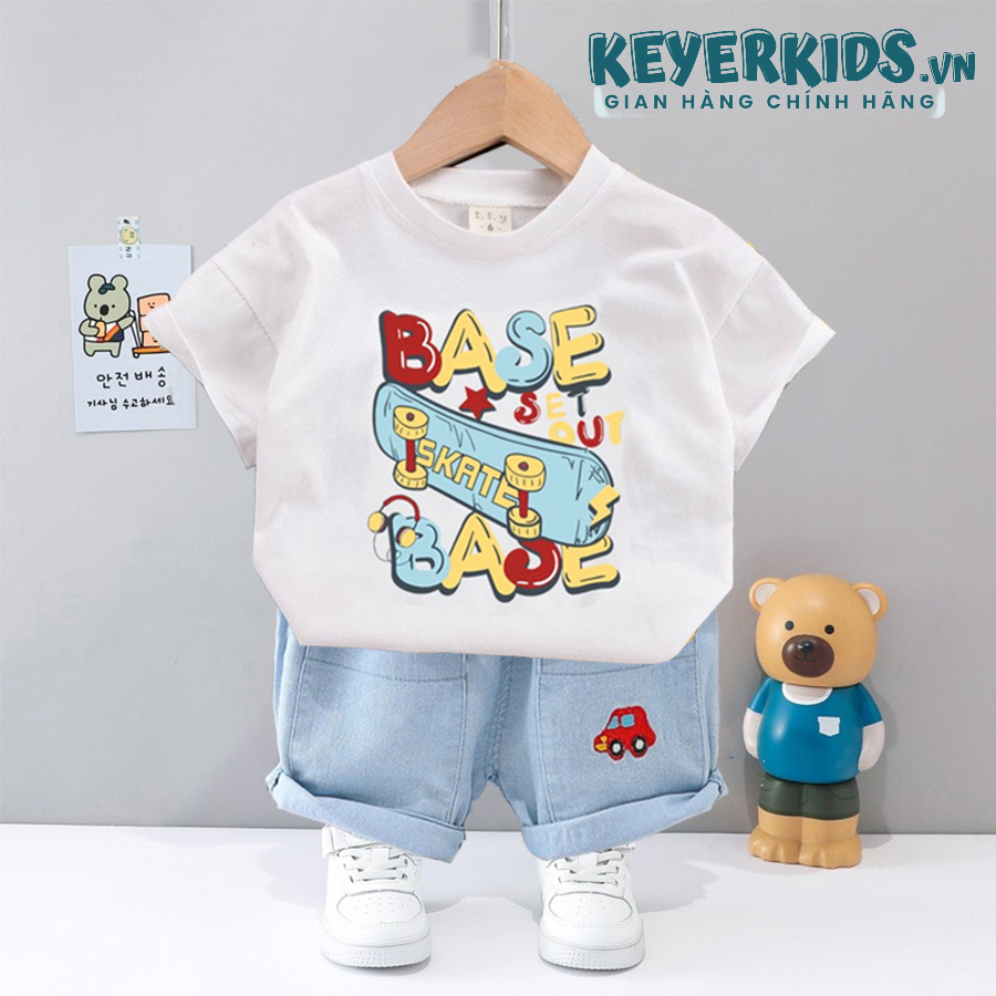 Set short jean bé trai keyer kids, áo thun bé trai chất cotton 4c mềm mịn, phối quần short jean phong cách sz51