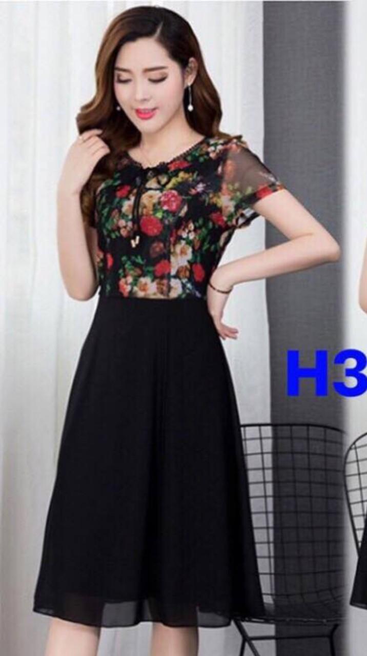 Đầm nữ voan xòe phối hoa cao cấp màu đen có đủ size m l xl xxl từ 40kg đến 70kg - xưởng đầm thùy dương - h3