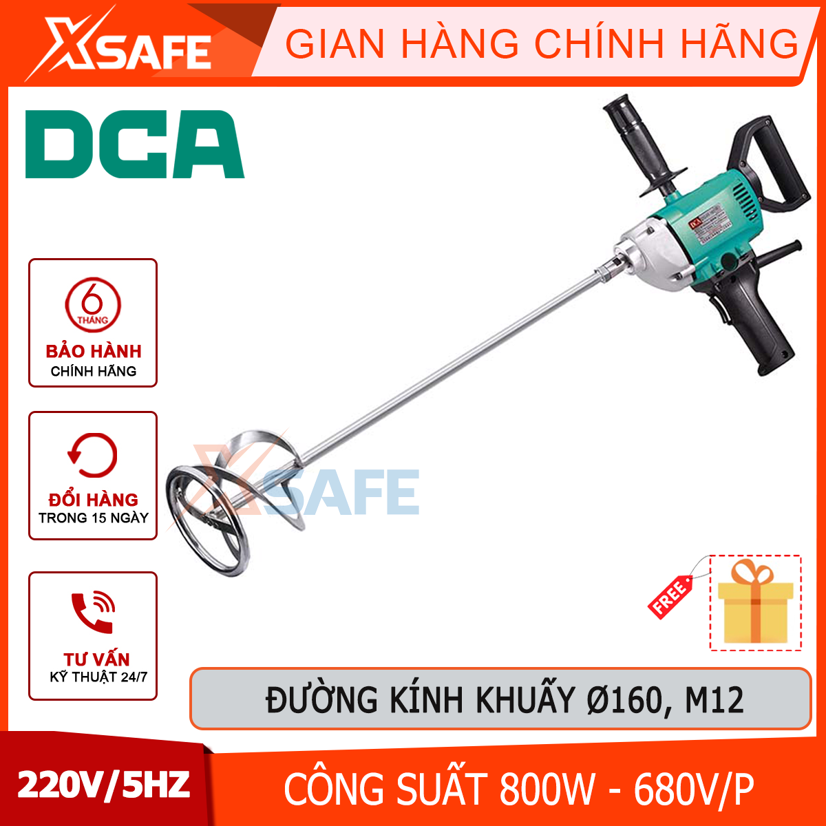 Máy trộn sơn dca aqu160b máy khuấy sơn công suất 900w, đường kính trộn 160mm, tốc độ không tải 680v/phút, cốt m12