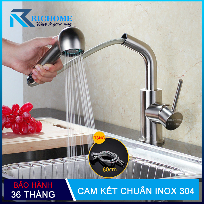 Vòi rửa chén bát nóng lạnh dây rút cắm chậu OS621 inox 304 cao cấp  tặng kèm 02 dây cấp nóng lạnh Inox dài 60cm