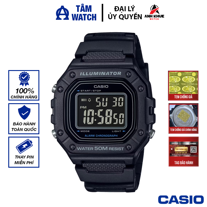 Đồng hồ nam dây nhựa casio standard chính hãng anh khuê w-218h-1bvdf