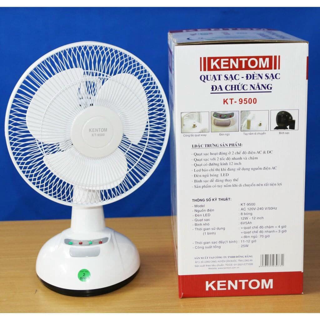 Quạt sạc tích điện Kentom KT9500-có đèn led, quạt mát lên tới 7h