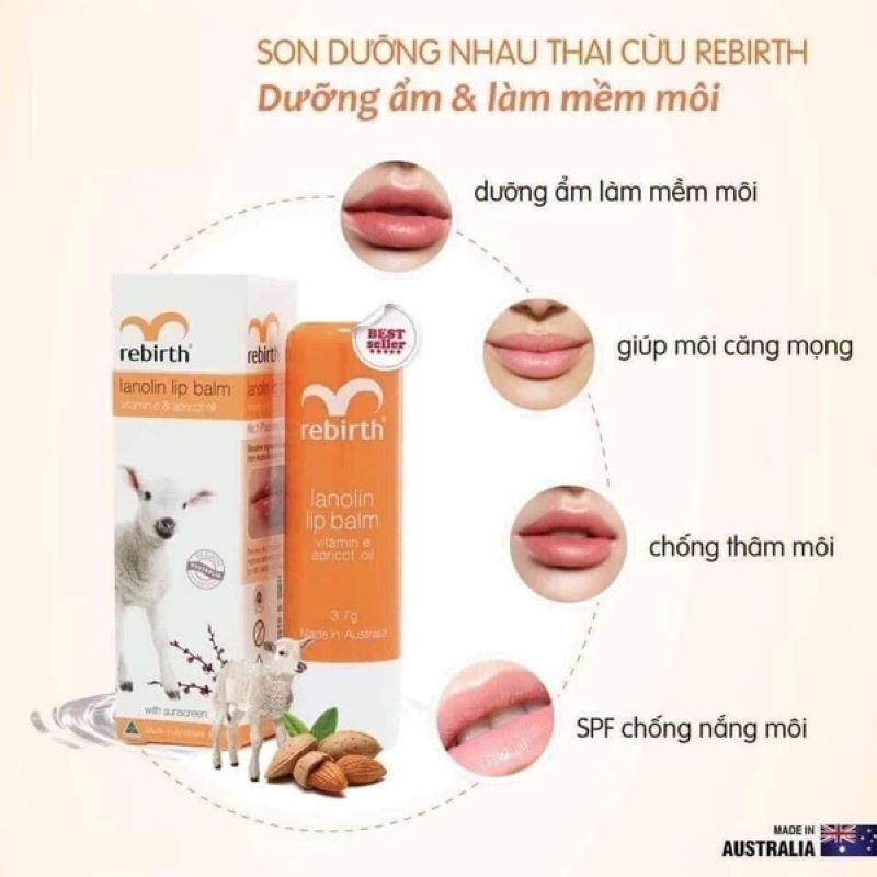 Son dưỡng môi chống Rebirth nứt nẻ Chống Nắng Nhau Thai Cừu Và Vitamin E 3.7g