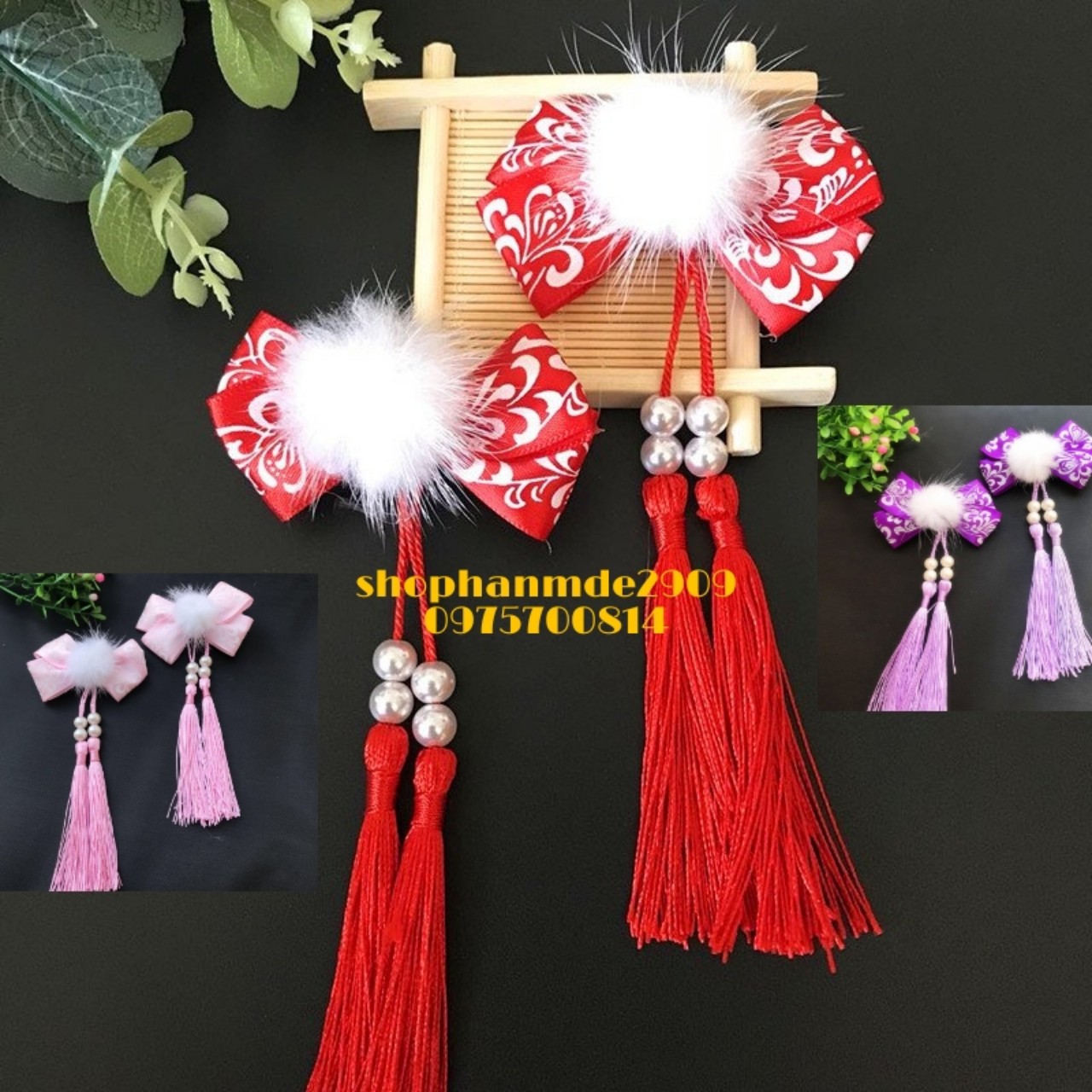 [HCM]Combo 2 kẹp tóc cổ trang nơ viền tua rua xinh xằn cho bé