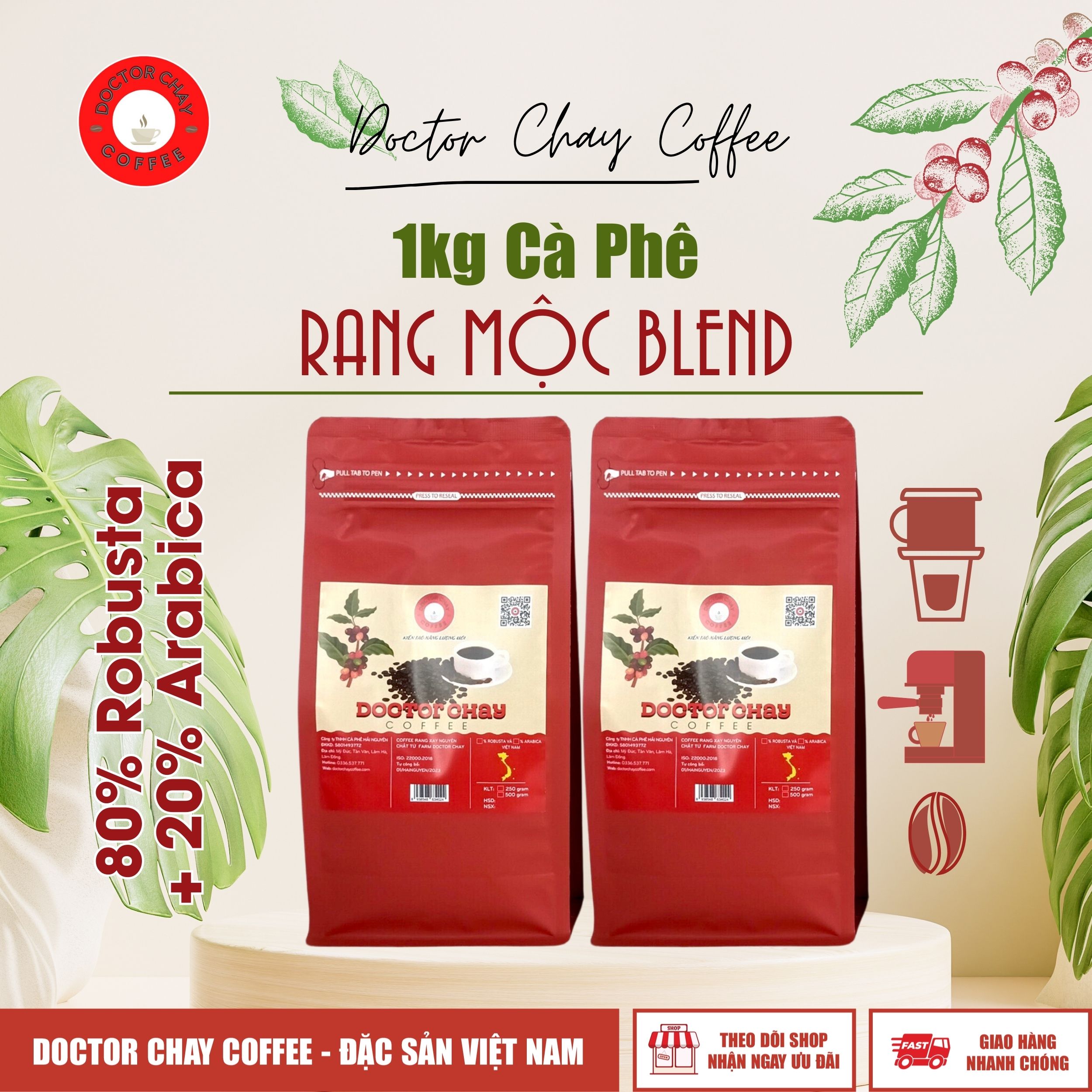 Trợ giá cà phê rang mộc blend tỉ lệ 8-2 doctor chay coffee 1kg top bán chạy