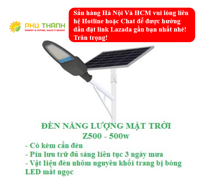 Đèn đường năng lượng mặt trời 500W Z500 hàng cao cấp , có cần đèn, có điều khiển từ xa - phú thành eco kho solar