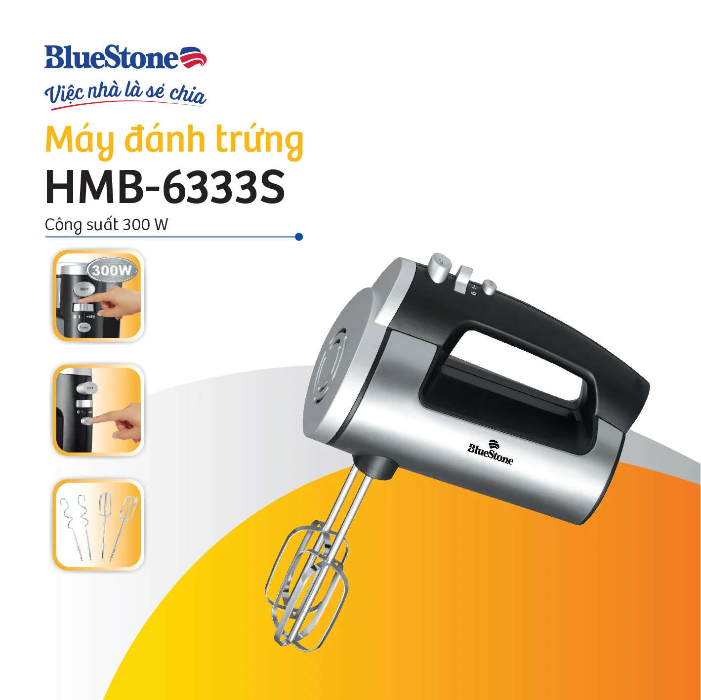 Máy đánh trứng bluestone hmb-6333s / hmb-6338 6 tốc độ, công suất 300w / 400w, bảo hành 2 năm