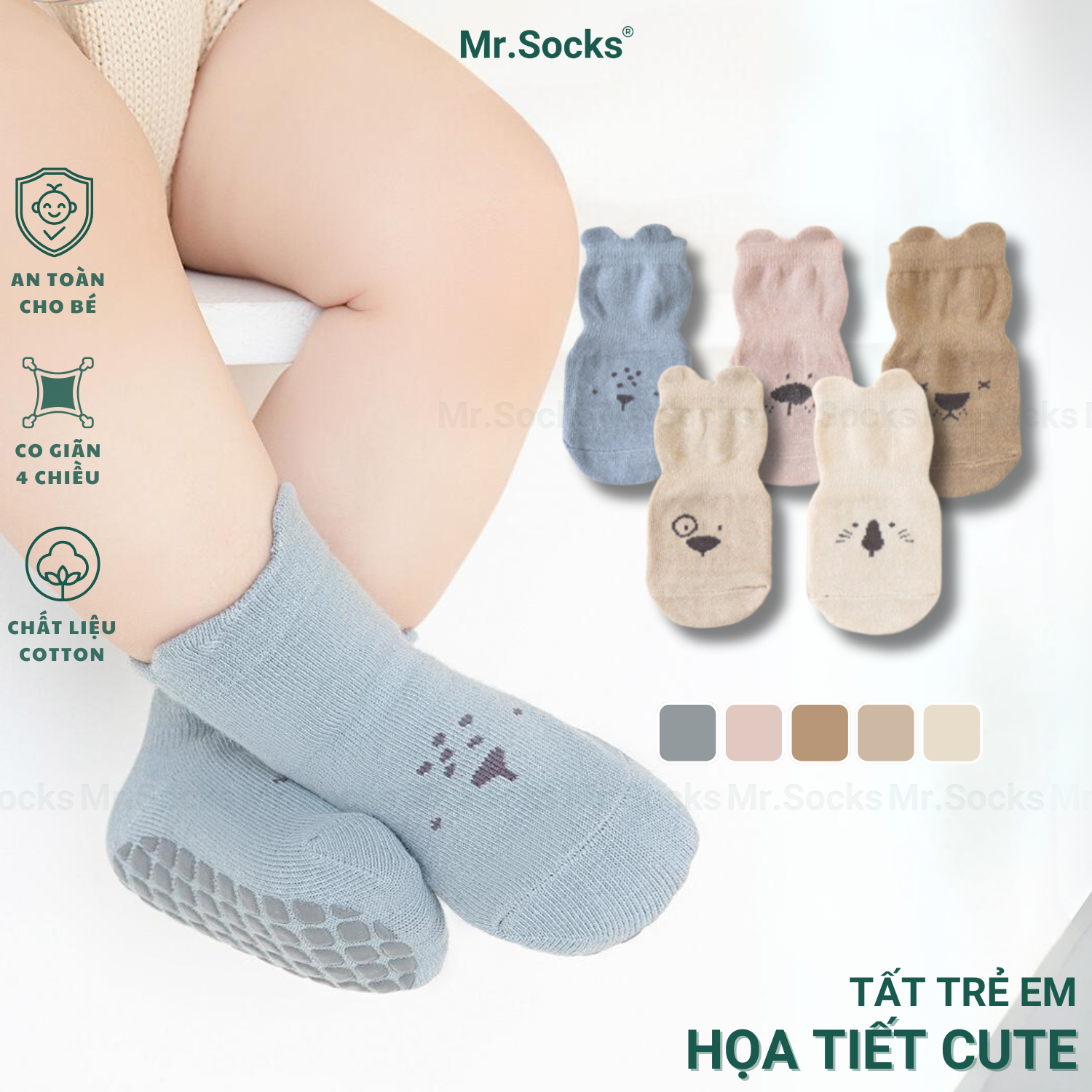 Vớ chống trượt ngã tập đi cho bé Mr.socks, tất trẻ em có đệm silicon giảm ma sát chống trơn trượt khi tập đi - YIQ-BC001