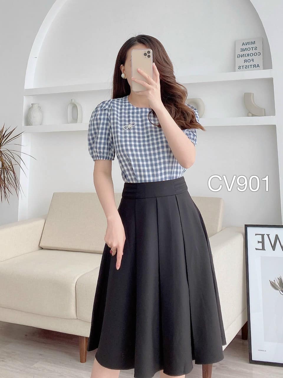 Chân váy xòe nhẹ dáng dài qua gối lưng cao cạp viền 3li d68cm