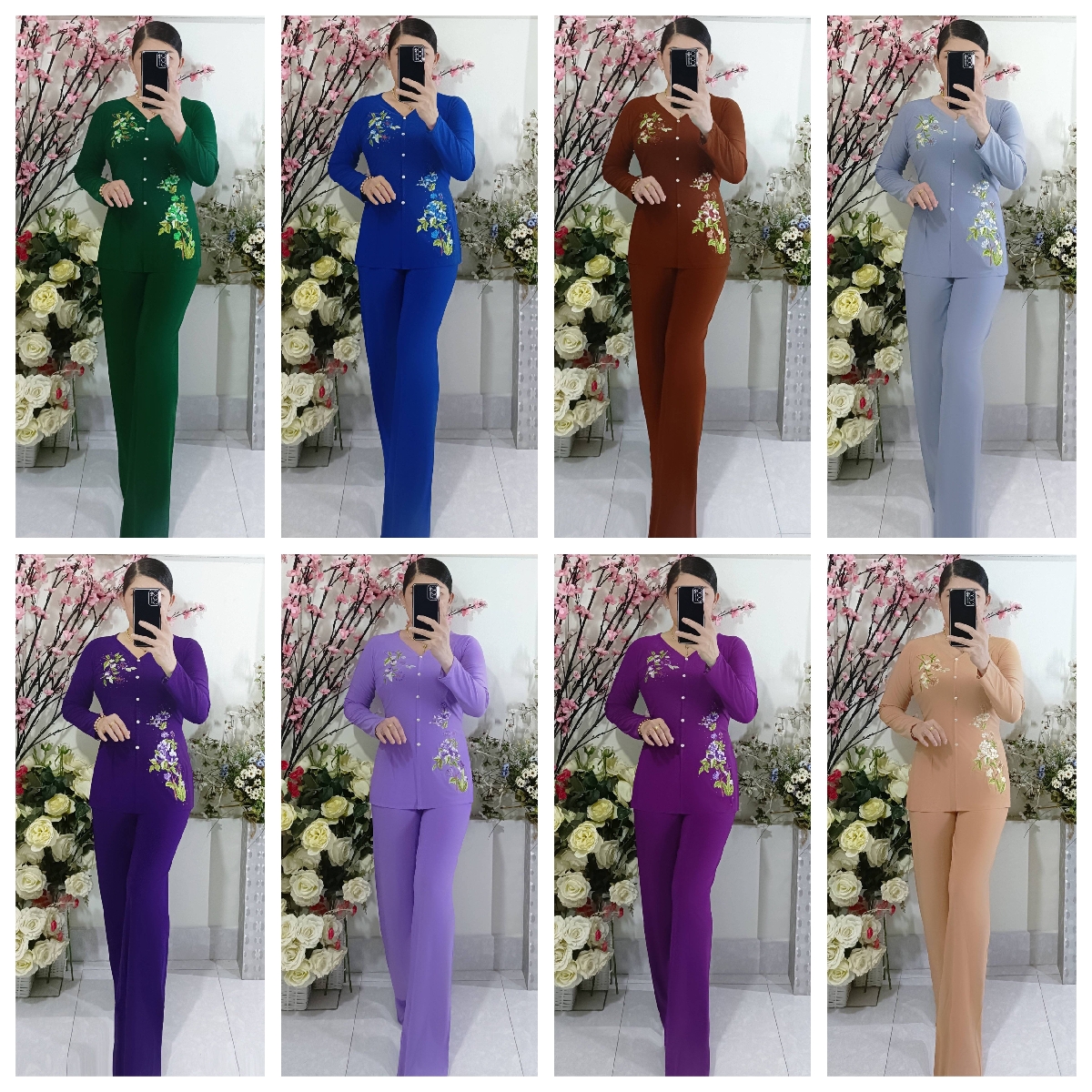 Bộ Bà Ba Thêu Hoa Ống Rộng