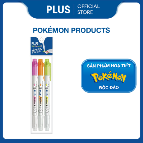Combo 3 bút highlight nhấn dòng dạ quang plus ma thuật phiên bản pokemon - có đầu xóa highlight dạ quang