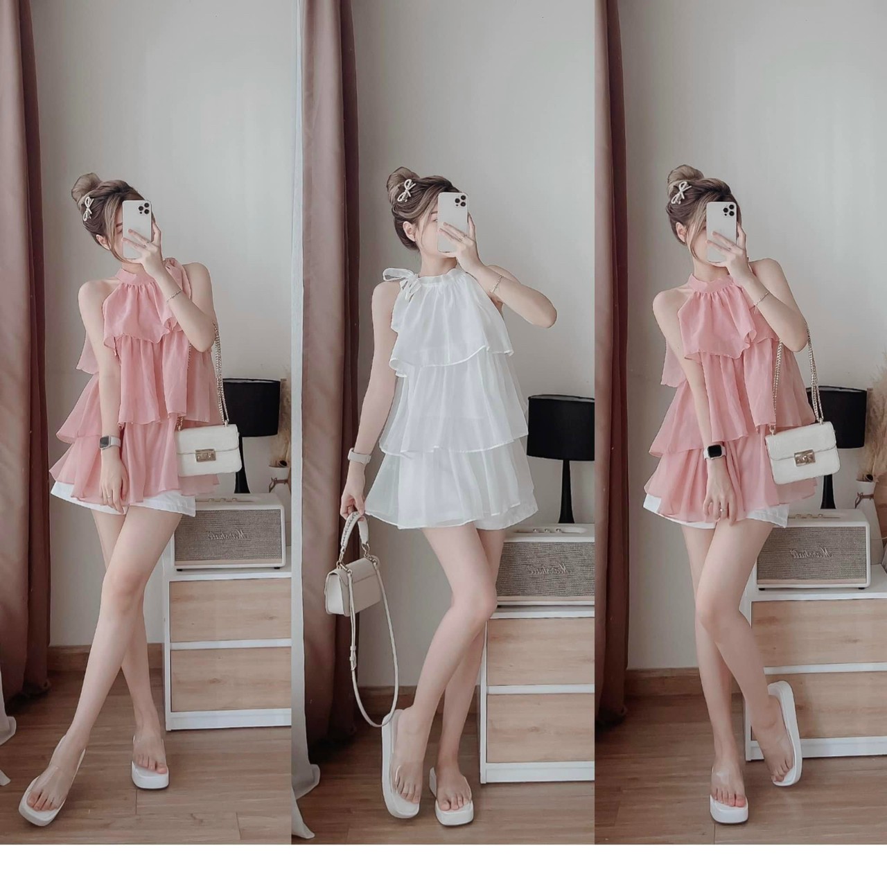 Sét bộ đùi áo cổ yếm xếp tầng siêu xinh kèm quần đùi thoáng mát