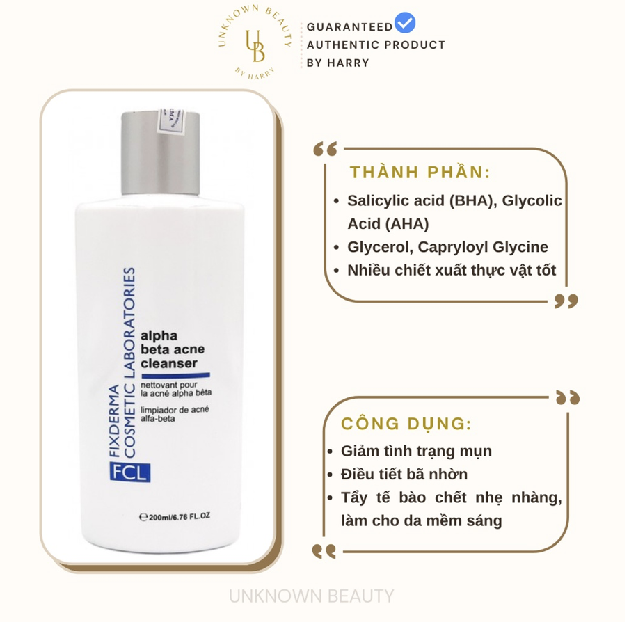 Sữa rửa mặt chứa aha bha fcl alpha beta acne cleanser | unknown beauty