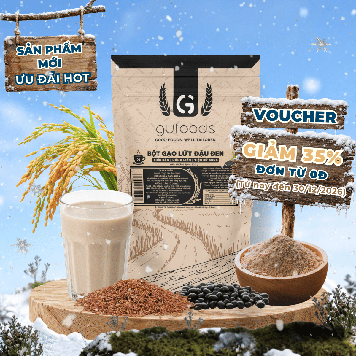 Bột gạo lứt đậu đen GUfoods - Chín sẵn, Uống liền, Dễ tiêu hoá, Healthy, Tiện lợi, Phù hợp Eat clean, Thực dưỡng, Thuần chay (25g / túi zip 500g)