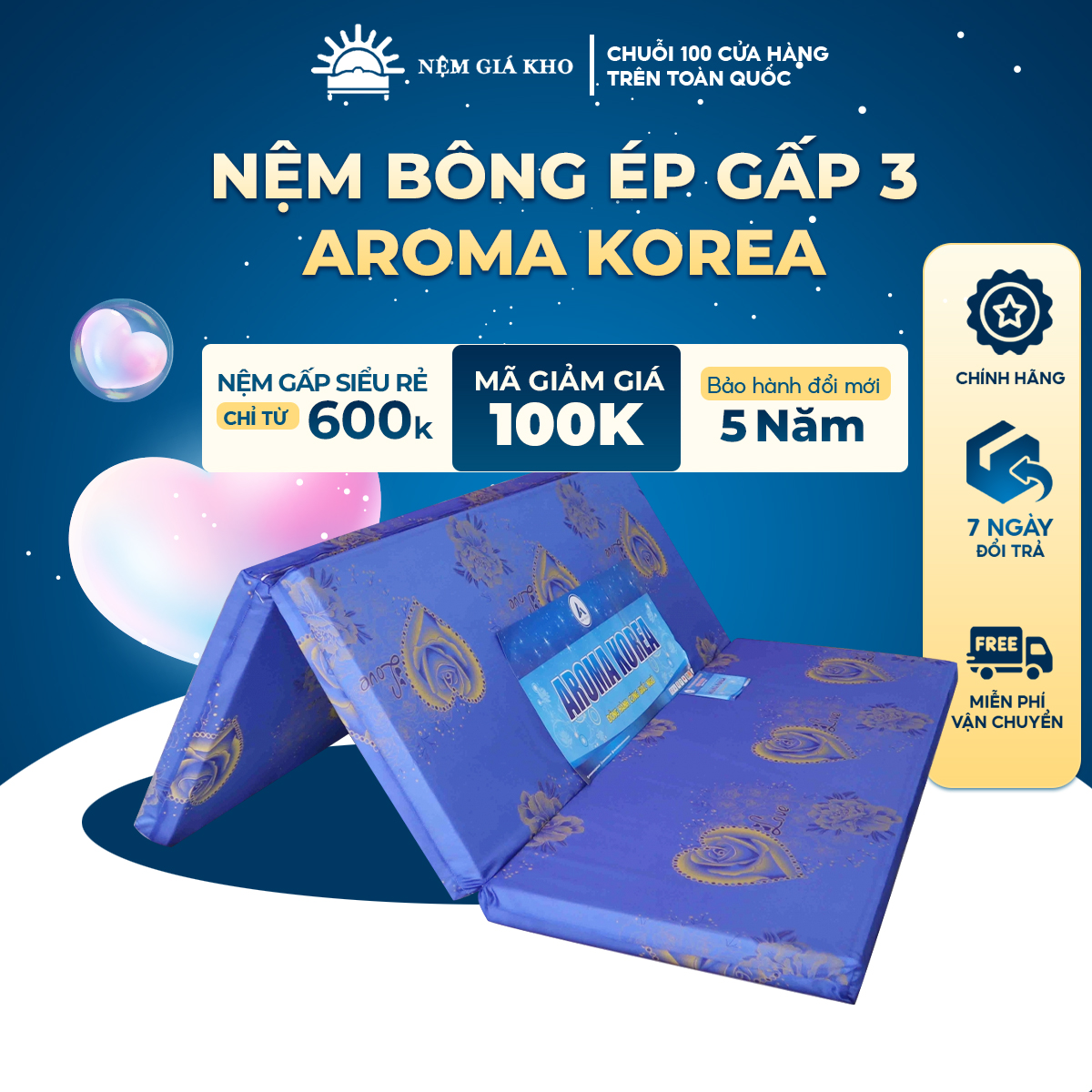 Nệm bông ép gấp 3 Aroma, Nệm bông ép chính hãng giá rẻ, Độ dày 9cm