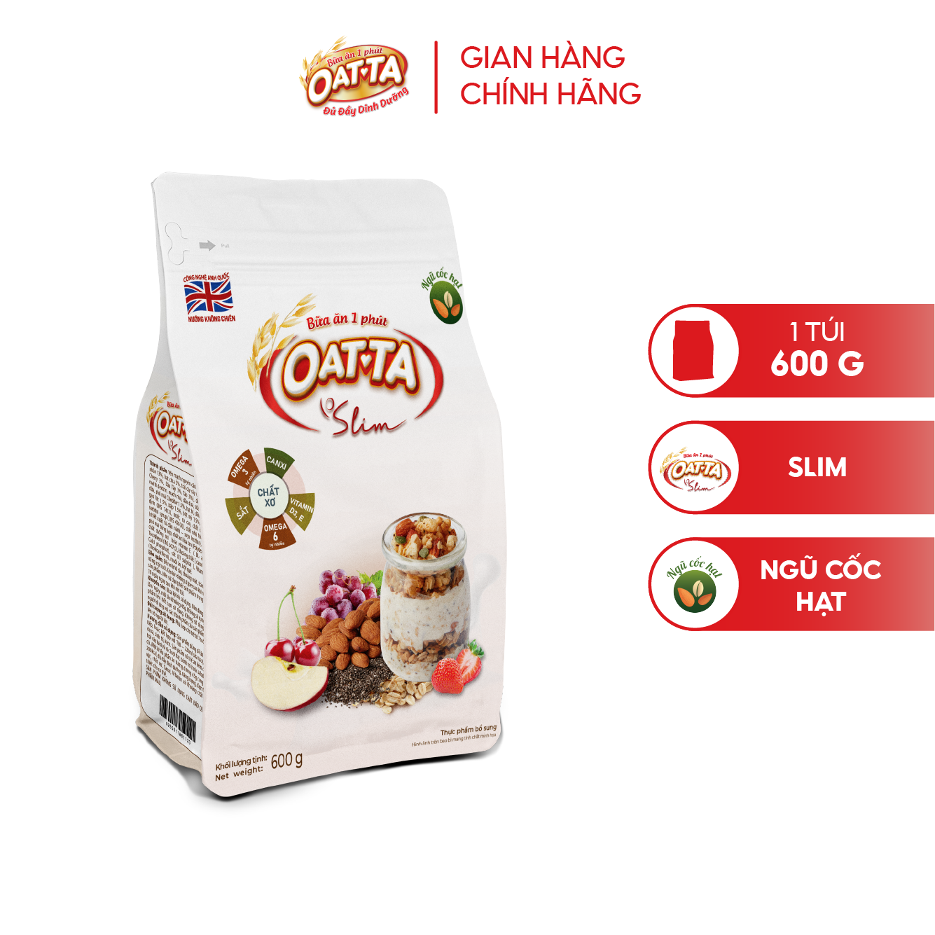 Yến Mạch Trái Cây Ít Đường OATTA Slim Nguyên Cám Thơm Ngon Phù Hợp Cho Người Ăn Kiêng Túi 600g