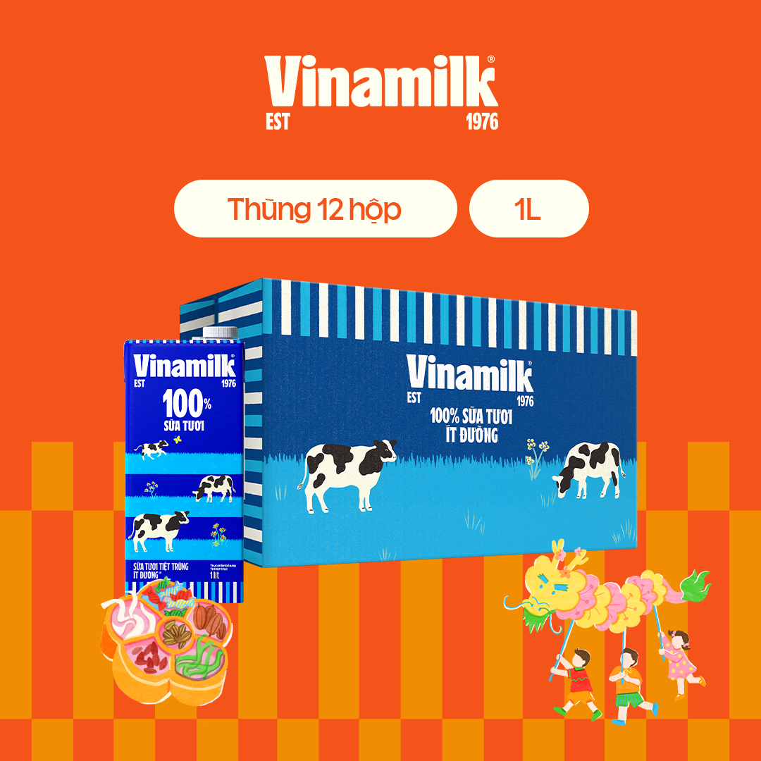 Thùng 12 hộp Sữa tươi tiệt trùng Vinamilk 100% ít đường Hộp giấy 1L