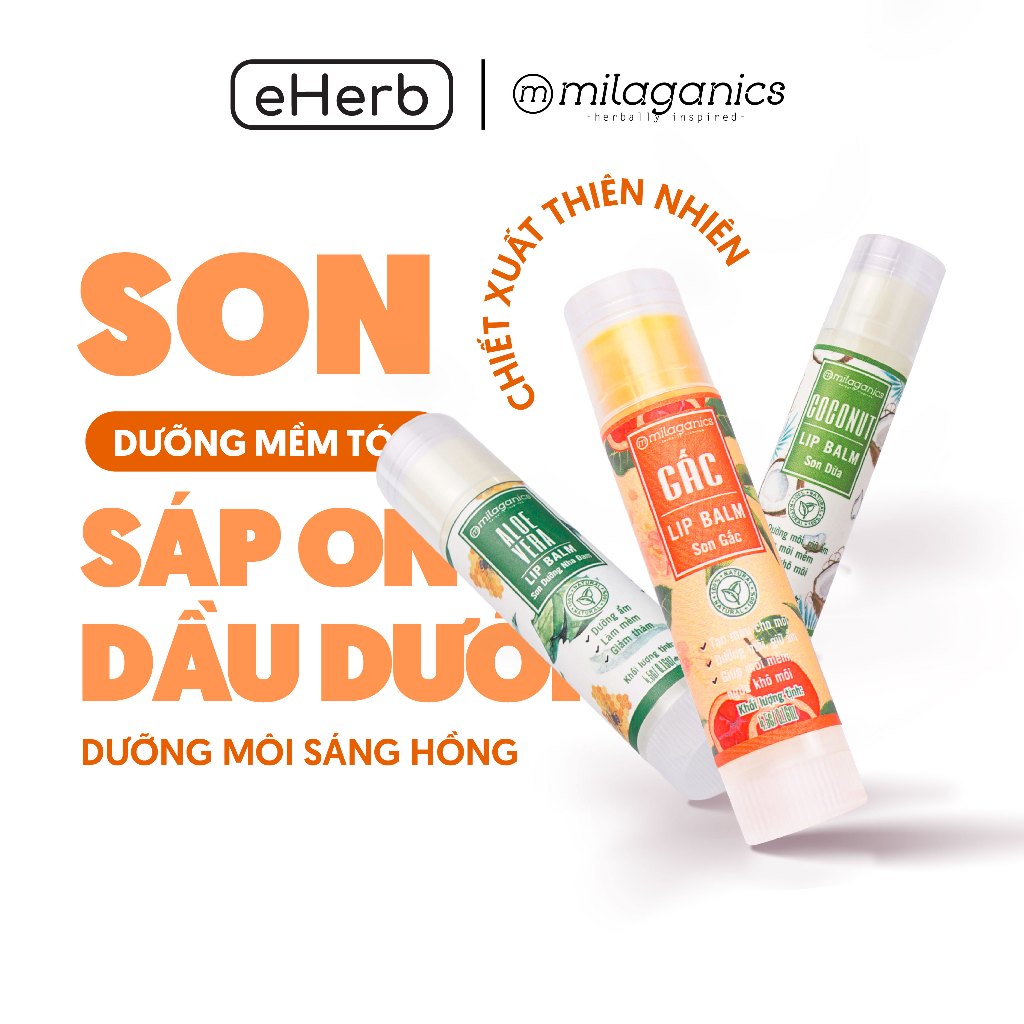 Son dưỡng môi giảm thâm thiên nhiên milaganics, son dưỡng không màu gấc, trà xanh, dừa cao cấp chính hãng 4.5gr - eherb