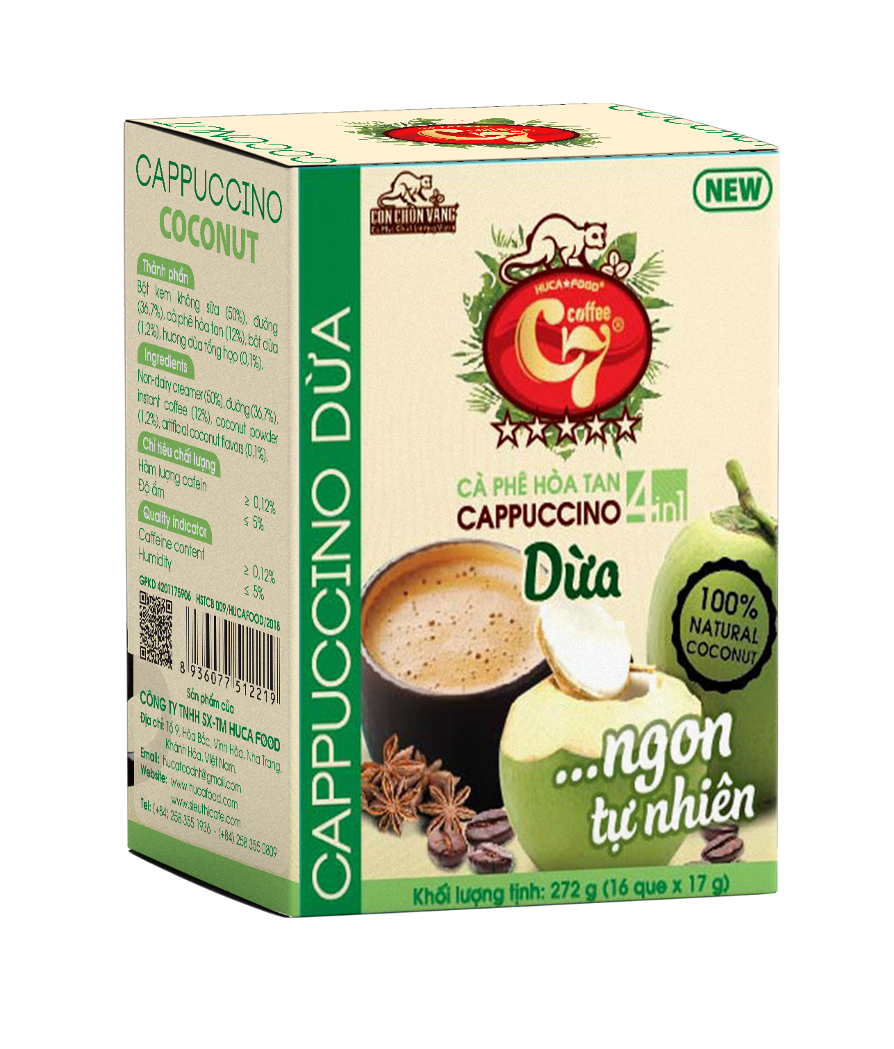 Cà Phê Dừa Hòa Tan Cappuccino 4in1 Con Chồn Vàng C7 - Huca Food