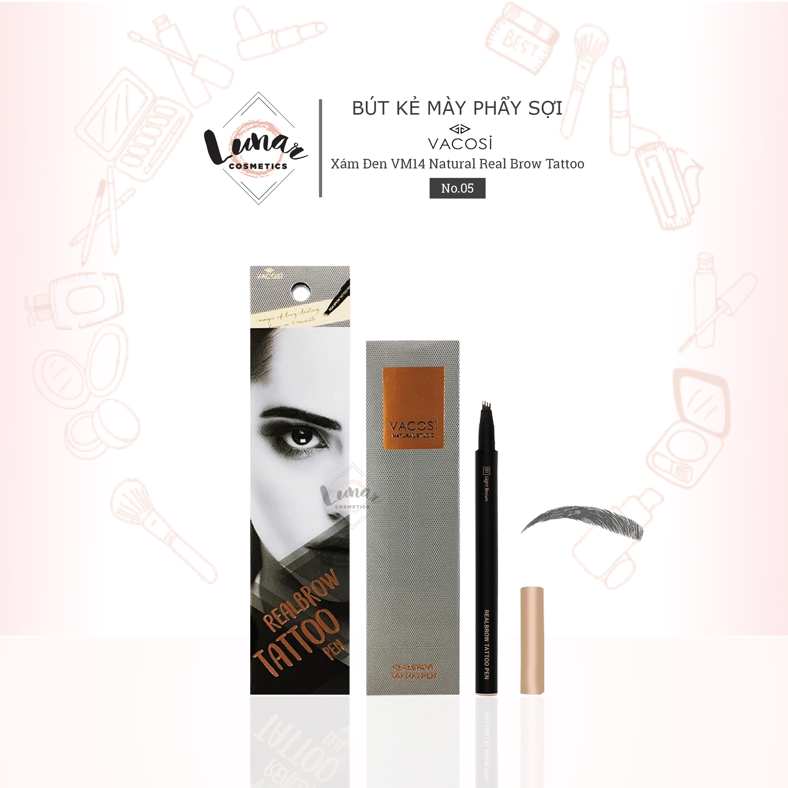 [HCM][Đại Lý Vacosi] Bút Kẻ Mày Phẩy Sợi Vacosi Xám Đen VM14 No.05 Natural Real Brow Tattoo-Chì Kẻ Mày Phẩy Sợi Vacosi Màu Nâu Xám Natural Studio Real Brow Tattoo Pen 05 - Bút Kẻ Mày Phẩy Sợi Vacosi Tattoo Màu Xám Tro