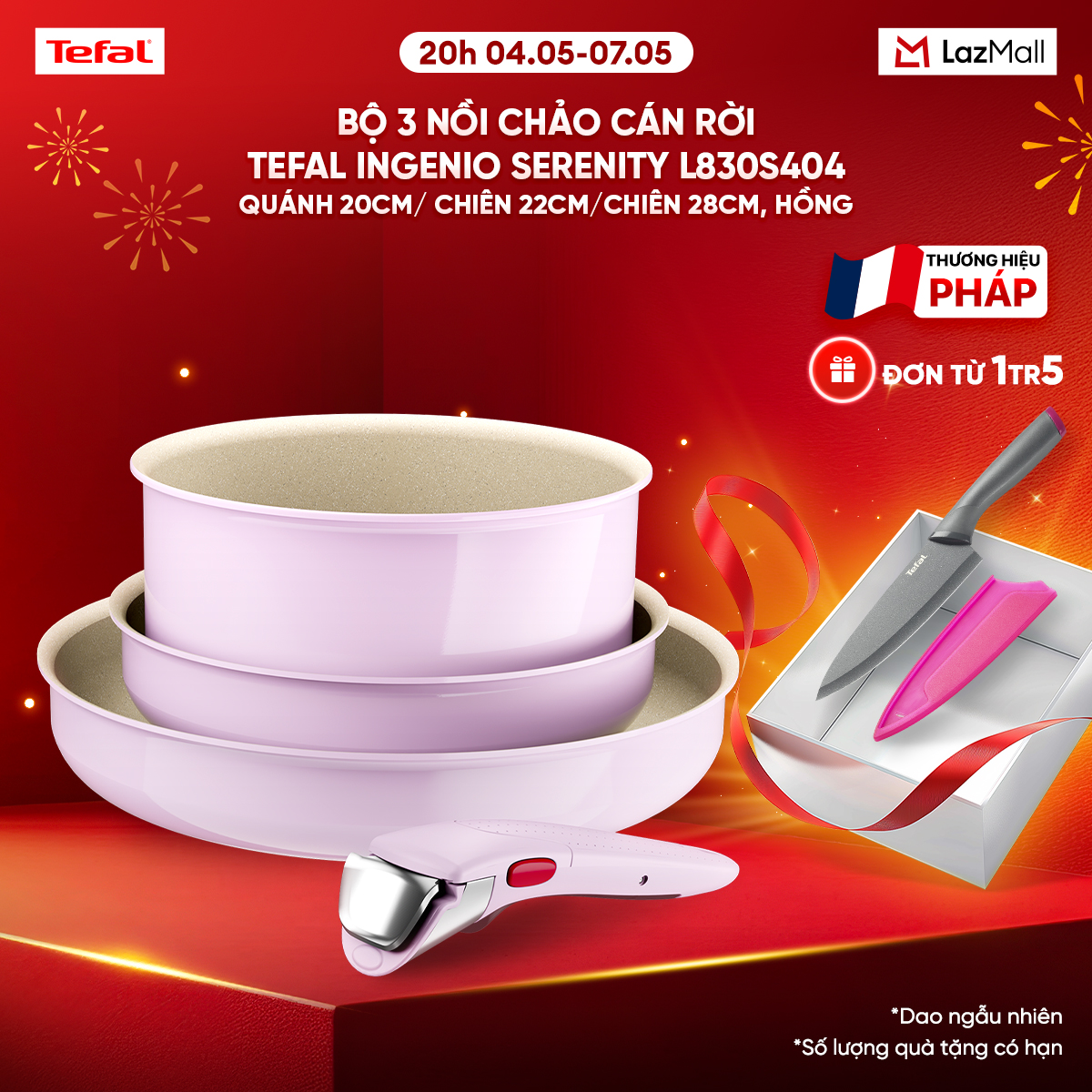 Bộ 3 nồi chảo cán rời Tefal Ingenio Serenity L830S404, quánh 20cm/ chiên 22cm/chiên 28cm, hồng pastel
