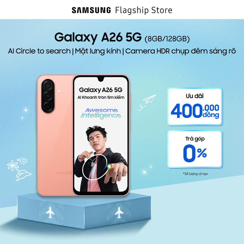 Điện thoại Samsung Galaxy A26 5G (8/128GB), Mặt lưng kính, AI-Circle to Search, Camera HDR chụp đêm sáng rõ