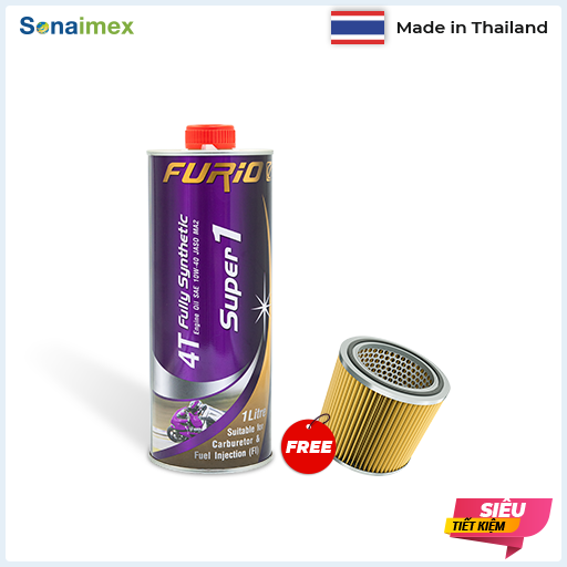 [QUÀ TẶNG] Nhớt xe máy tổng hợp toàn phần 100% BCP Thái Lan 1 lít dành cho xe số, xe ga, côn tay, motor -  FURIO SAE 10W40, API SN, JASO MA2, Fully Synthetic TẶNG 1 lọc nhớt xe máy - dầu nhớt Thái Lan nhập khẩu 100%