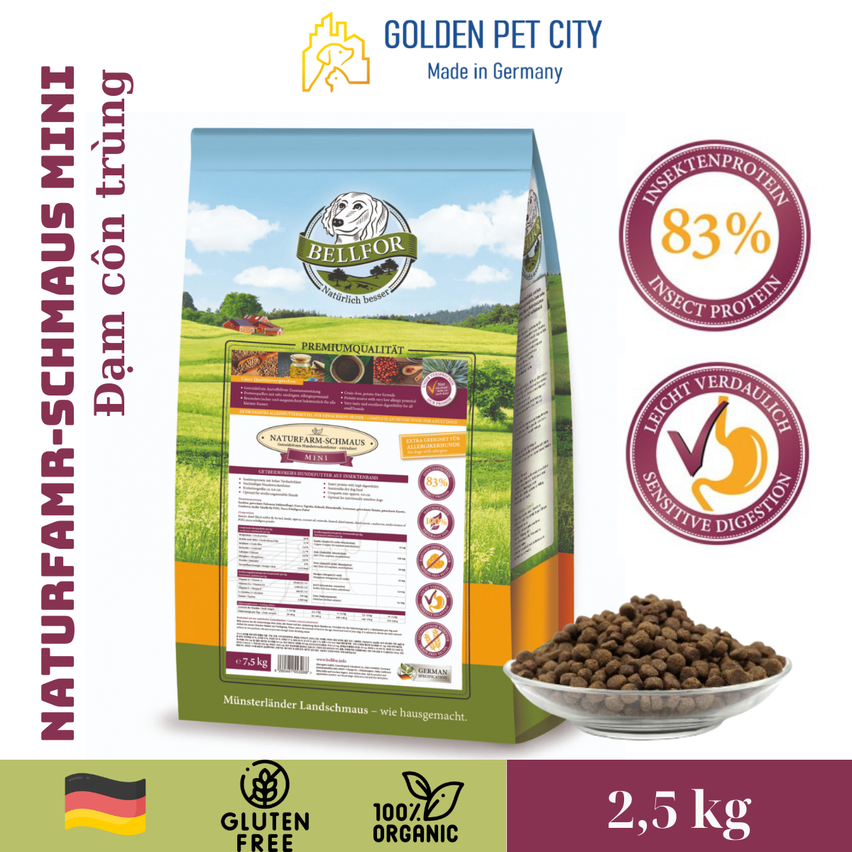 Hạt Hỗ trợ sức khỏe toàn diện cho chó BELLFOR Naturfarm-Schmaus Mini đạm Ruồi lính đen