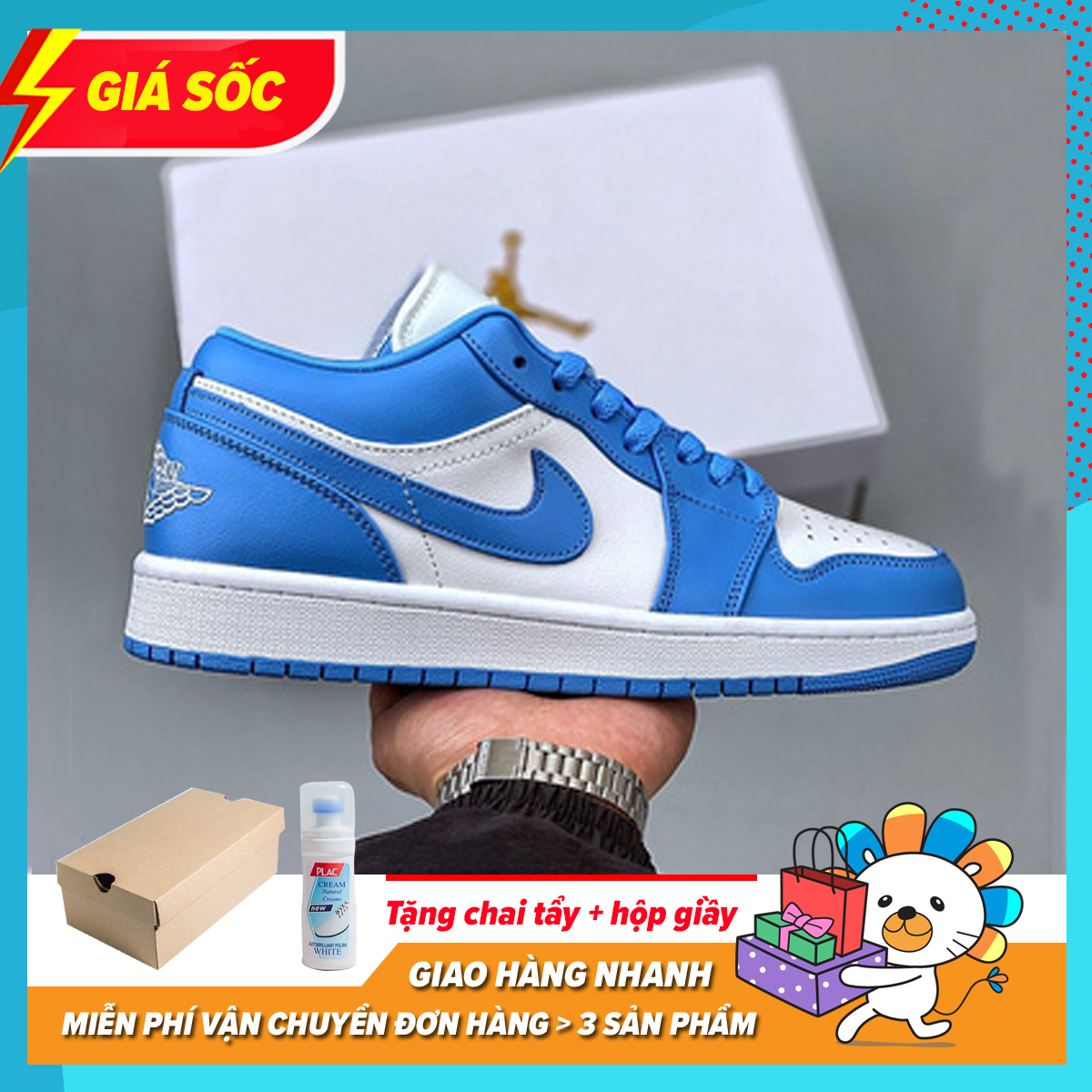 [Tặng Tất + Hộp Đẹp] Giày Thể Thao Sneaker Bóng Rổ Jordan1 Low, air Jocdan Force One Thấp Cổ Màu Trắng Xanh