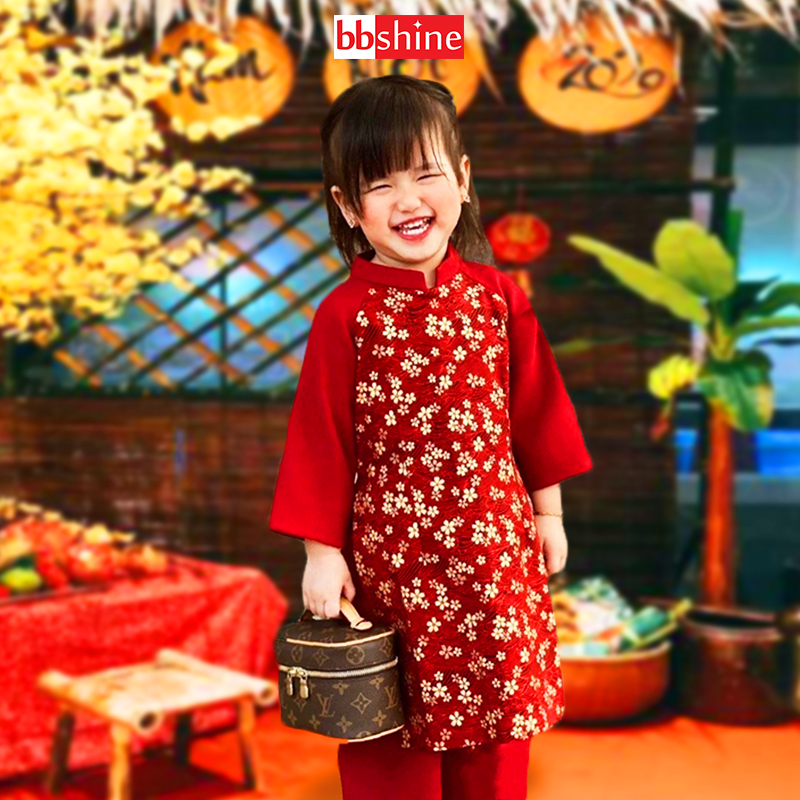 Áo dài cách tân cho bé 8-20kg họa tiết hoa nhí bbshine, áo dài bé gái chất tăm nhung cao cấp – ad006