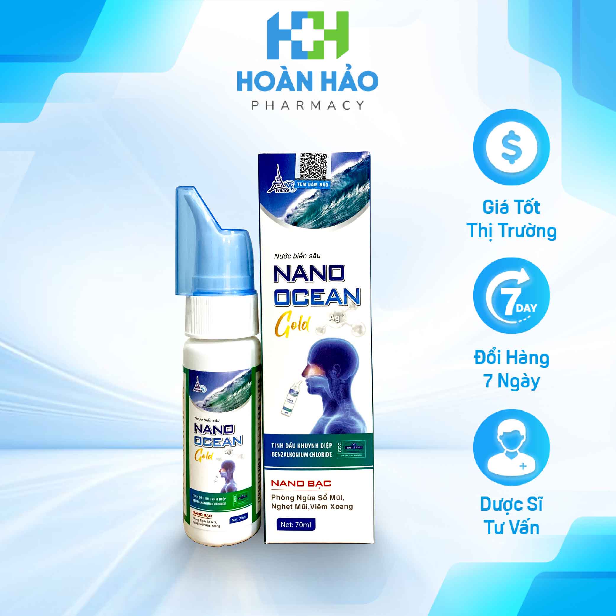 Chai vệ sinh mũi nano bạc giảm nghẹt mũi và viêm xoang nano ocean gold - chai 70ml