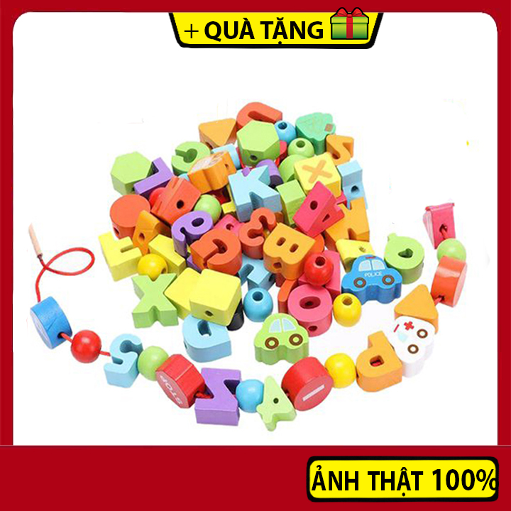 Đồ Chơi Gỗ Bộ Xâu Dây Cho Bé Học Chữ, Số Đếm Và Nhận Biết Các Phương Tiện Giao Thông