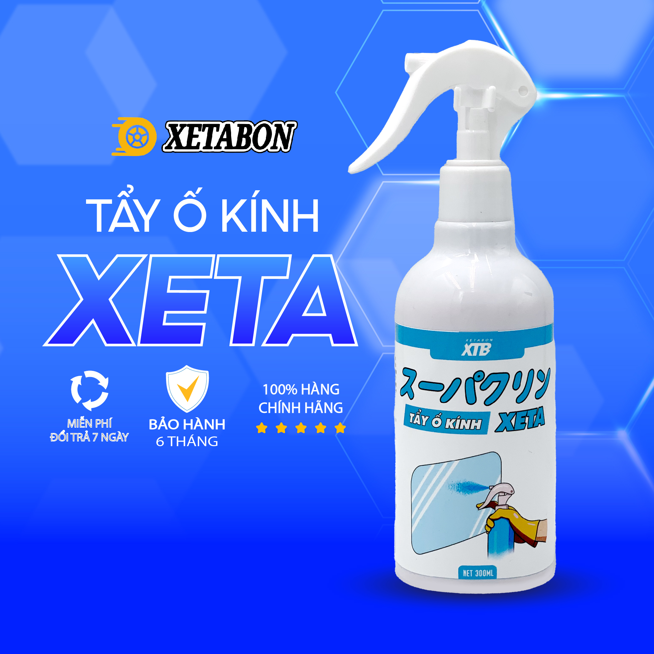 Tẩy ố kính ô tô phủ nano XETA dung tích 300ml phiên bản mới 2023 làm sạch an toàn cho kính xe, tẩy ố, mốc cặn canxi