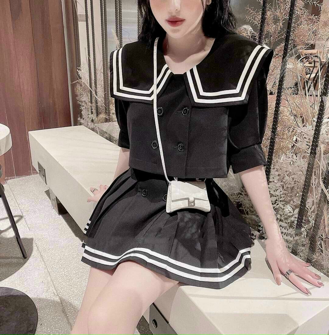 Sét Áo Chân Váy Chạy Viền Siêu Hot ( Có Lót ), Kiểu Thủy Thủ Đi Học , Dạo Phố Duyên Dáng, Mẫu Mới Hot Trend .QC