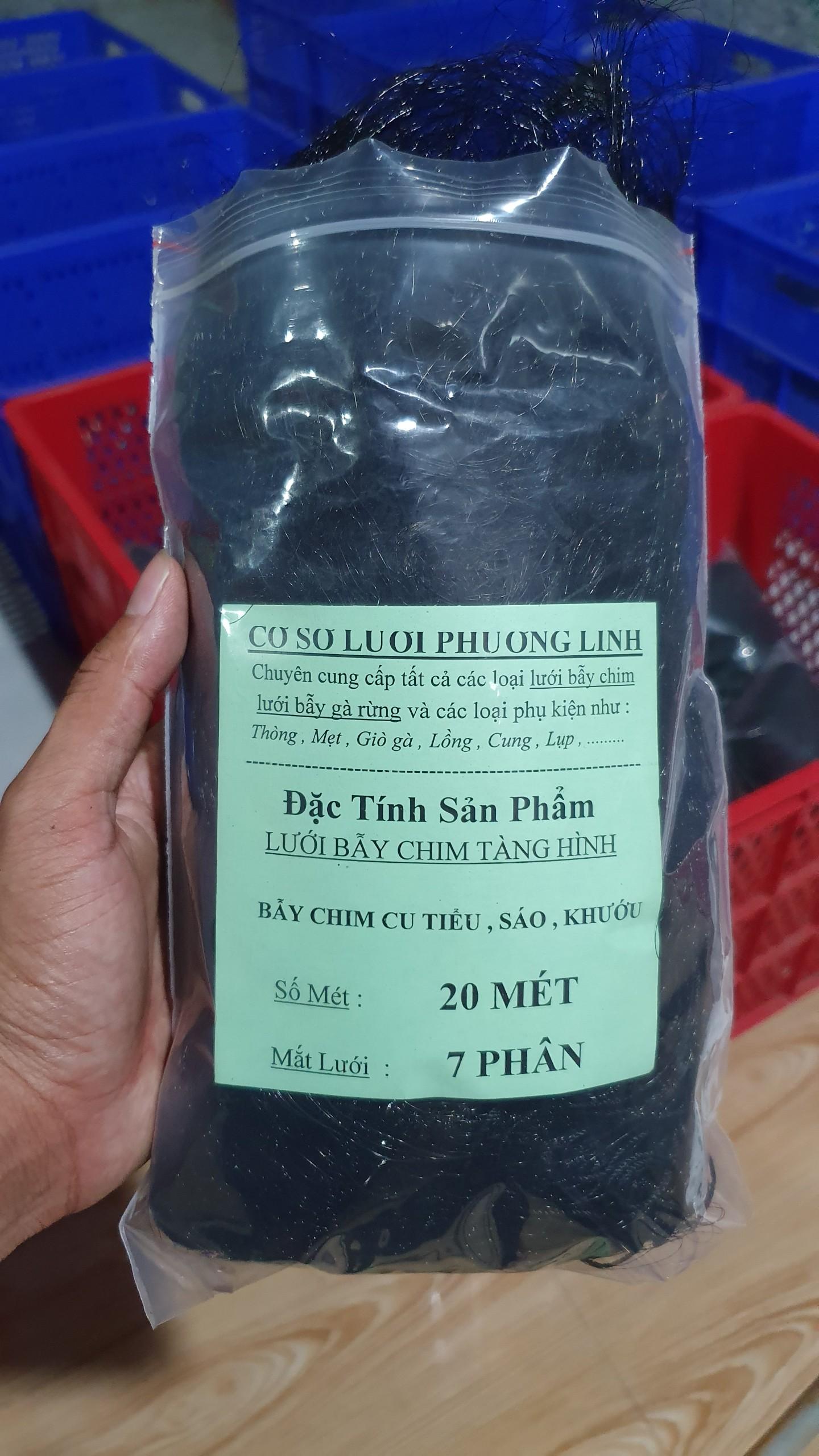 20 mét lưới bẫy cu , cò , quốc , tổng hợp chim ngày ( lỗ 7 phân chiều cao 5m5 -  4 dây 3 túi ) lưới cước thái màu đen tàng hình