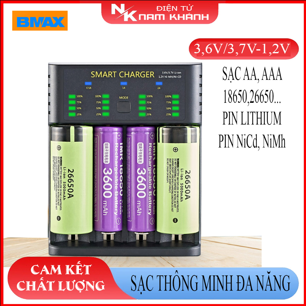Sạc pin đa năng smart bmax m4, bộ sạc thông minh 18650 pin lithium-ion aa ni-mh 1.2v bộ sạc 2a dòng điện cao.