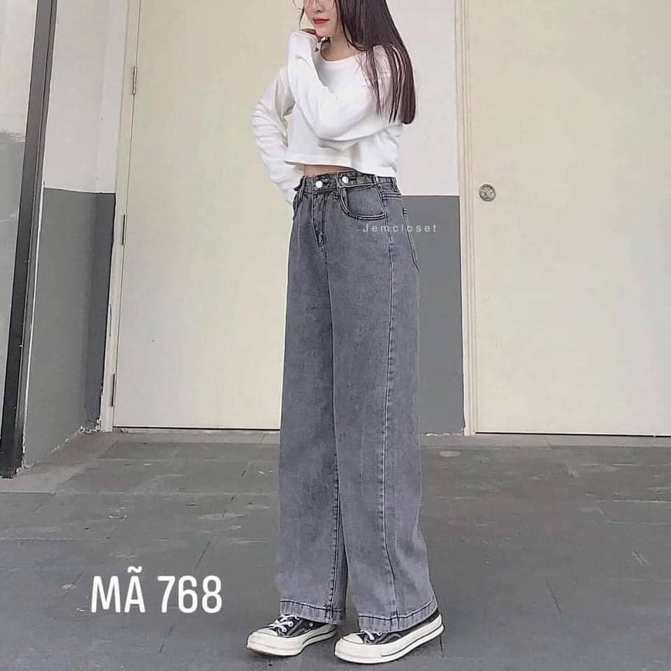 Quần jeans ống rộng nữ chất bò mềm khói - quần jeans nữ ống rộng cao cấp lưng cao dáng suông