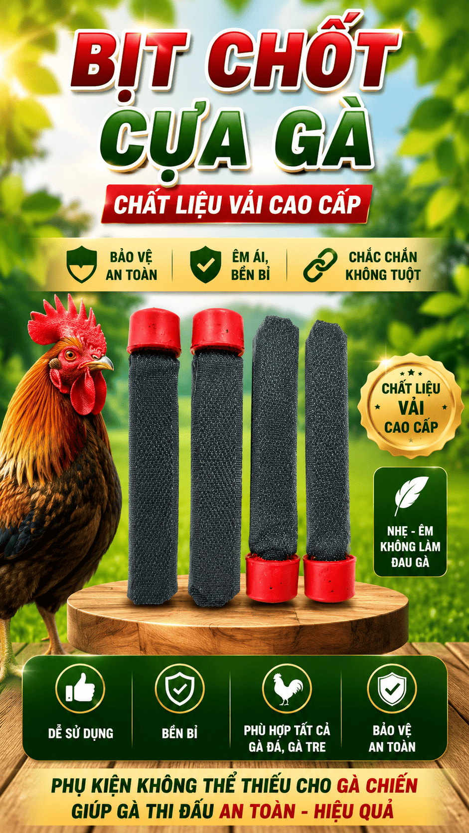 Bịt Chốt Cựa Gà Tre, Nòi Chất Liệu Vải ( 1 bộ 4 cái sử dụng cho 2 con ) | Đầu Bịt Chốt To, Sử Dụng An Toàn, Hiệu Qủa