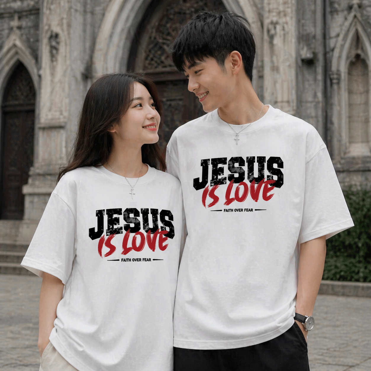Áo thun đức tin thiên chúa in chữ Jesus Loves - form oversize unisex 100% cotton