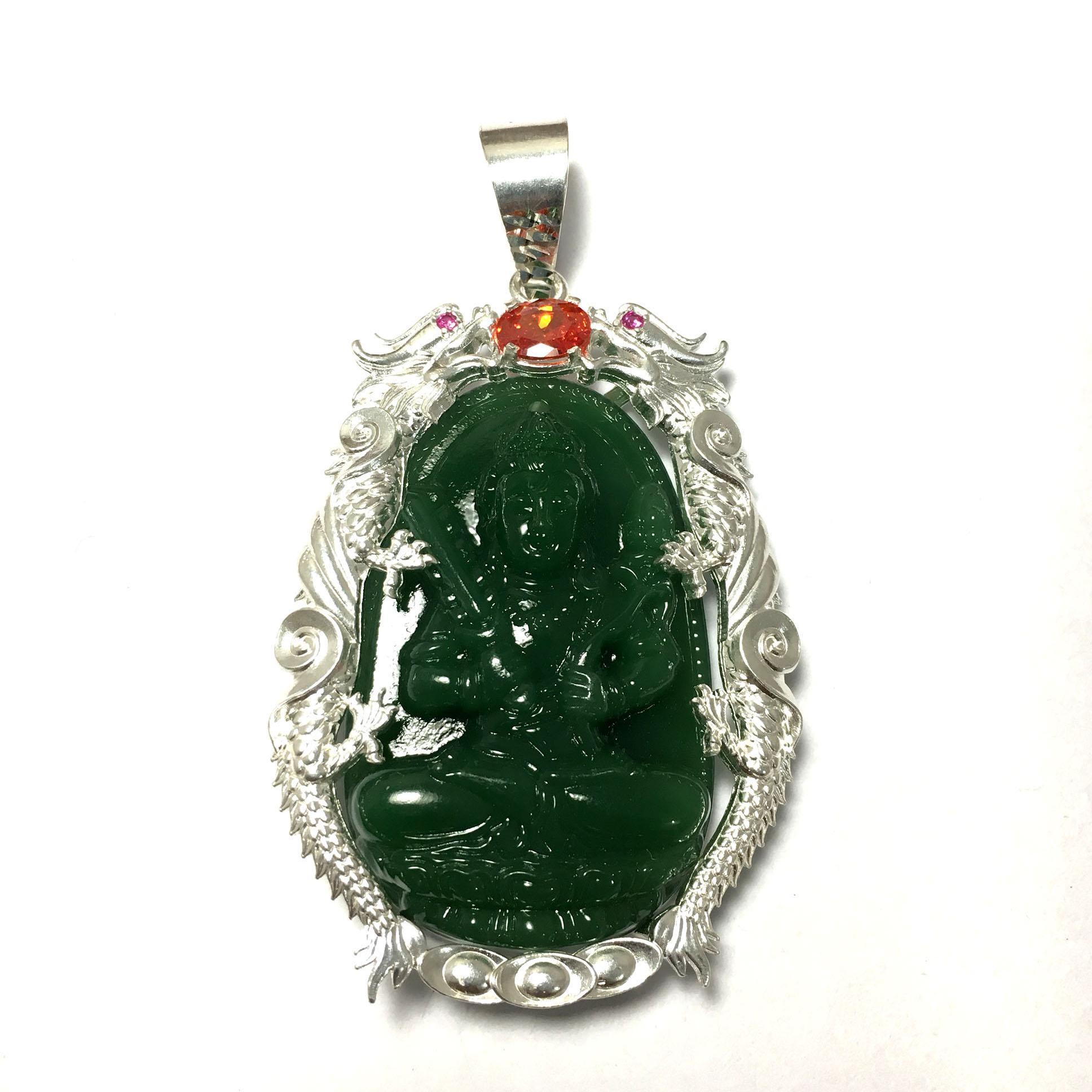 Mặt dây nam bản mệnh ngài Hư Không Tạng  màu xanh lá bọc rồng chầu bạc ta cao cấp cho người tuổi Sửu - Tuổi Dần Bạc QTJ - MBM04(XANH LÁ)