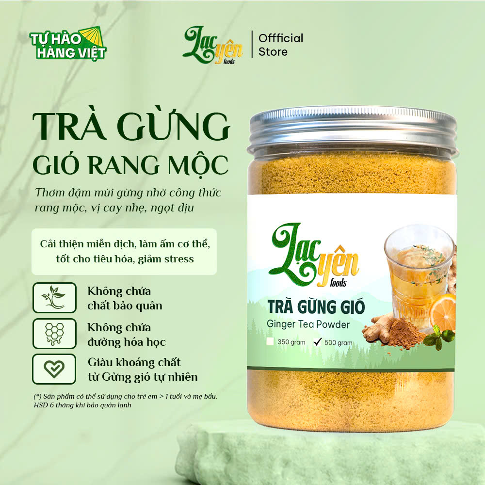 Trà Gừng Rang Mộc Thủ Công Ít Ngọt Lạc Yên Foods - Hỗ Trợ Trục Hàn, Ấm Bụng, Ấm Họng, Giữ Ấm Cơ Thể, Vị Ngọt Cay Nhẹ Ấm Nồng Từ Gừng Gió Tây Nguyên Nguyên Chất
