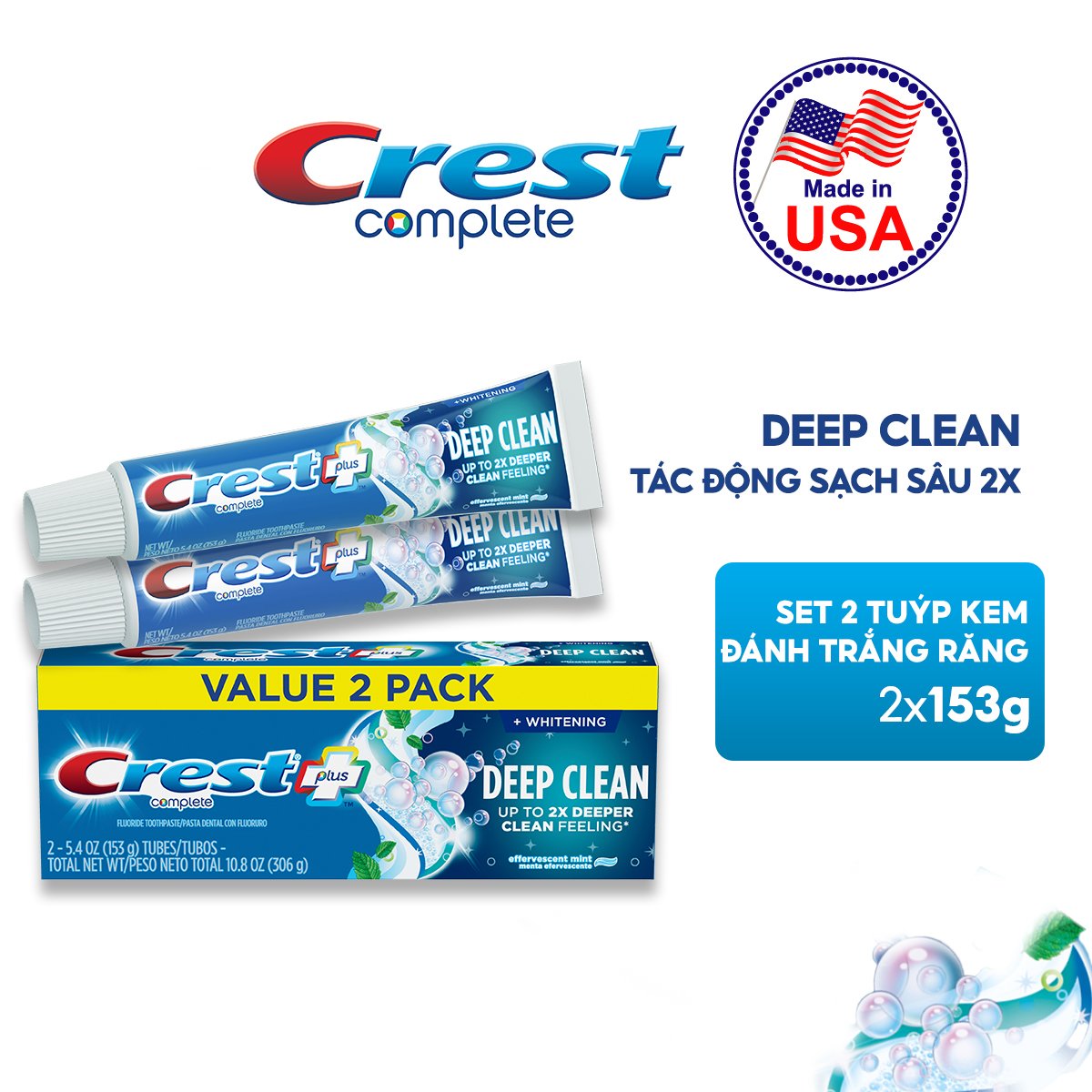 [MUA 1 TẶNG 1 QUÀ] Combo 2 Kem Đánh Răng CREST Complete Whitening + Deep Clean Làm Sạch Sâu Răng Trắng Sáng 153g - Nhập Khẩu Mỹ