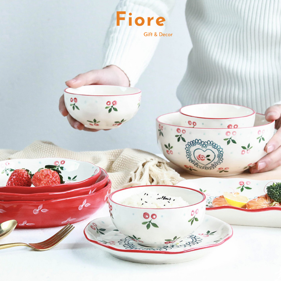 Bộ chén dĩa sứ cherry bát đĩa decor thố nướng đĩa tròn đĩa chữ nhật phong cách vintage