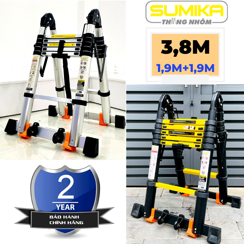 Thang nhôm rút đôi (Chữ A: 1,9m Chữ I: 3,8m) Sumika SK380D SKS380DNEW - Chất liệu nhôm, 2x6 bậc, tải trọng 300kg, bảo hành 2 năm