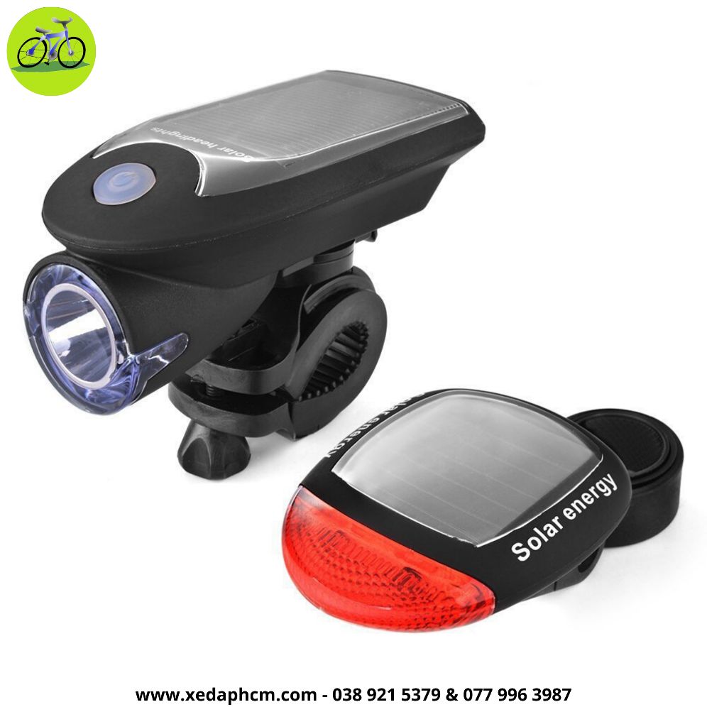 Combo đèn xe đạp năng lượng mặt trời trước sau LED siêu sáng tích điện vào pin