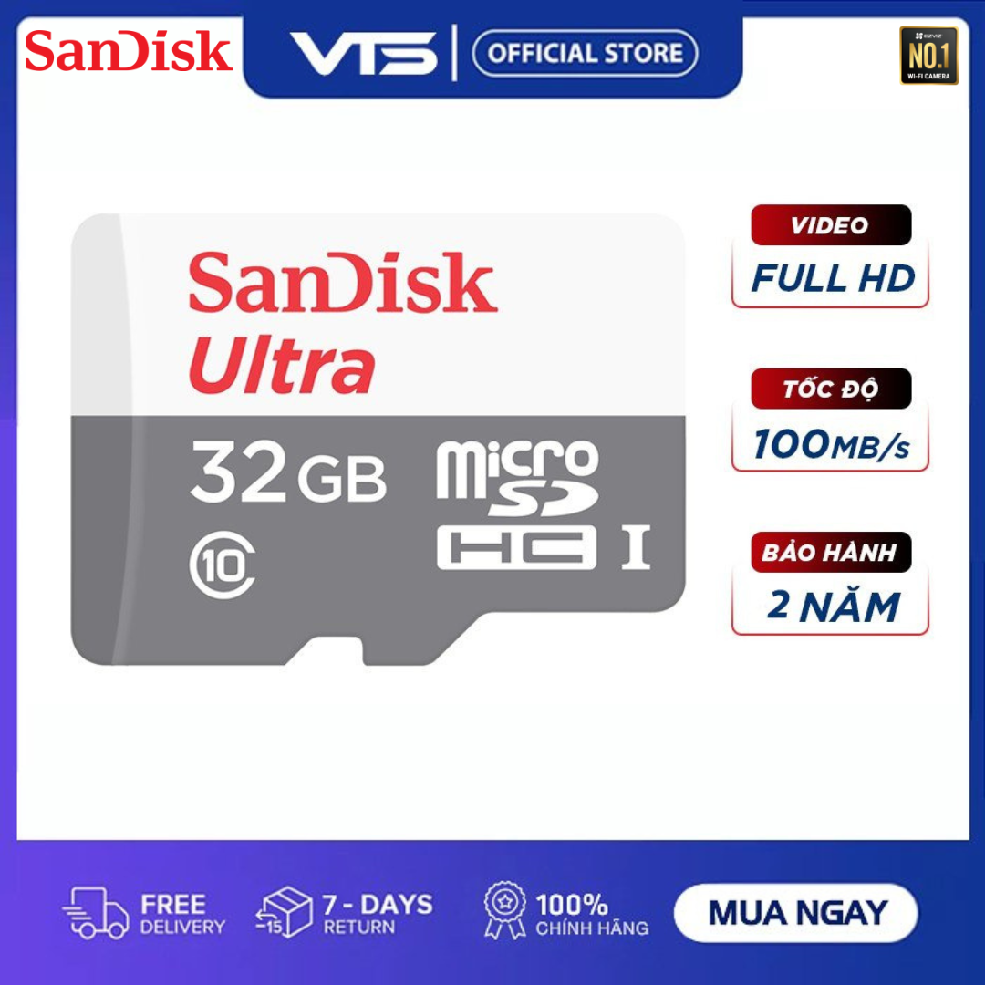 [NPP CHÍNH HÃNG] Thẻ nhớ Micro SD 32GB Sandisk Class 10 - Chuyên Dụng Cho Camera, Hiệu suất cao tốc độ đọc nhanh đến 80MB/s - Tương thích với nhiều loại camera như EZVIZ KBVSION DAHUA... BH 3 Năm - VTS SmartHome