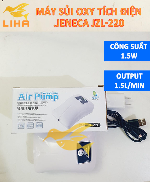 Máy Sủi Oxy 1 Vòi Tích Điện Jeneca JZL-220 (1.5W-1.5L/Phút) Tự Chạy Khi Cúp Điện Cho Bể Cá Cảnh